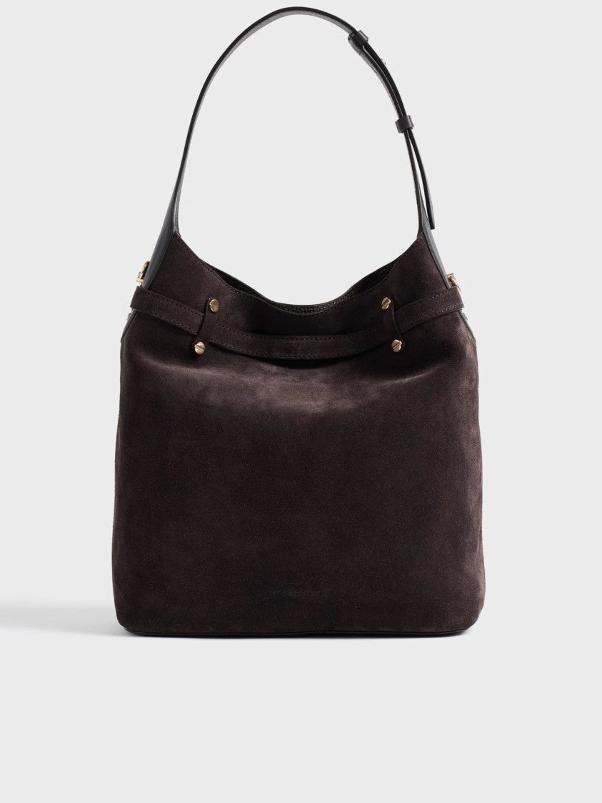 Borbonese Medium-Sized Bucket Bag In Soft Suede With Gold Accents