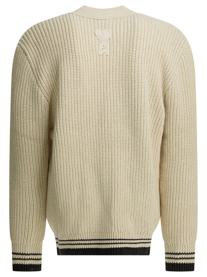 Ami Paris Chunky Ribbed Knit Cardigan With Button-Up Front And Striped Cuffs
