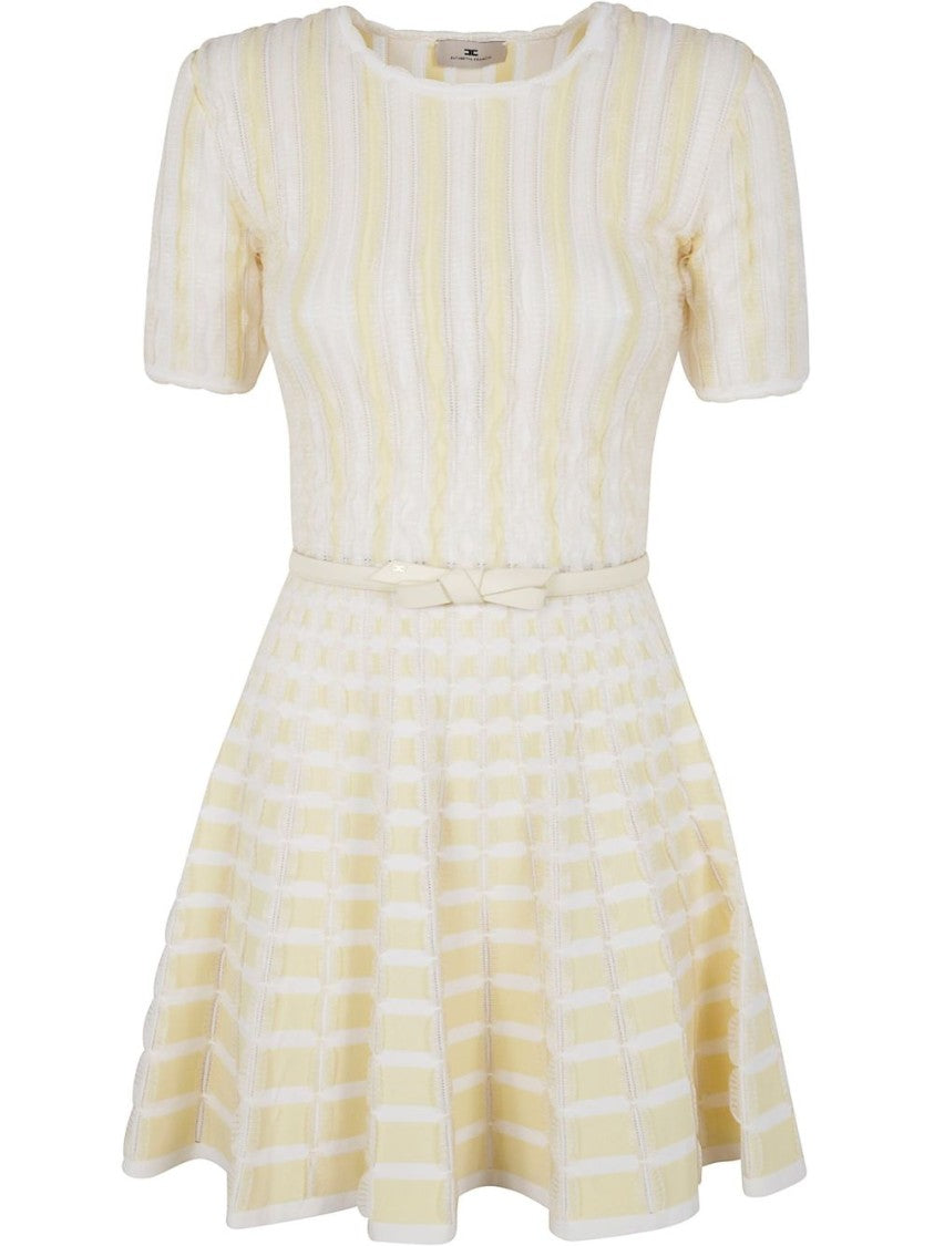 Elisabetta Franchi Yellow And White Dress With Flared Skirt And Matching Belt