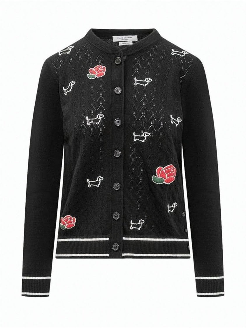 Thom Browne Black Wool Knit Cardigan With Openwork Pattern And Playful Embroidery