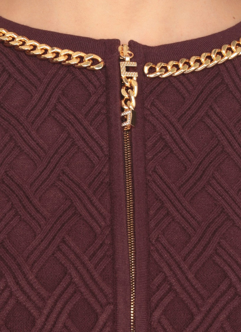 Elisabetta Franchi Bordeaux Textured Geometric Pattern Cardigan