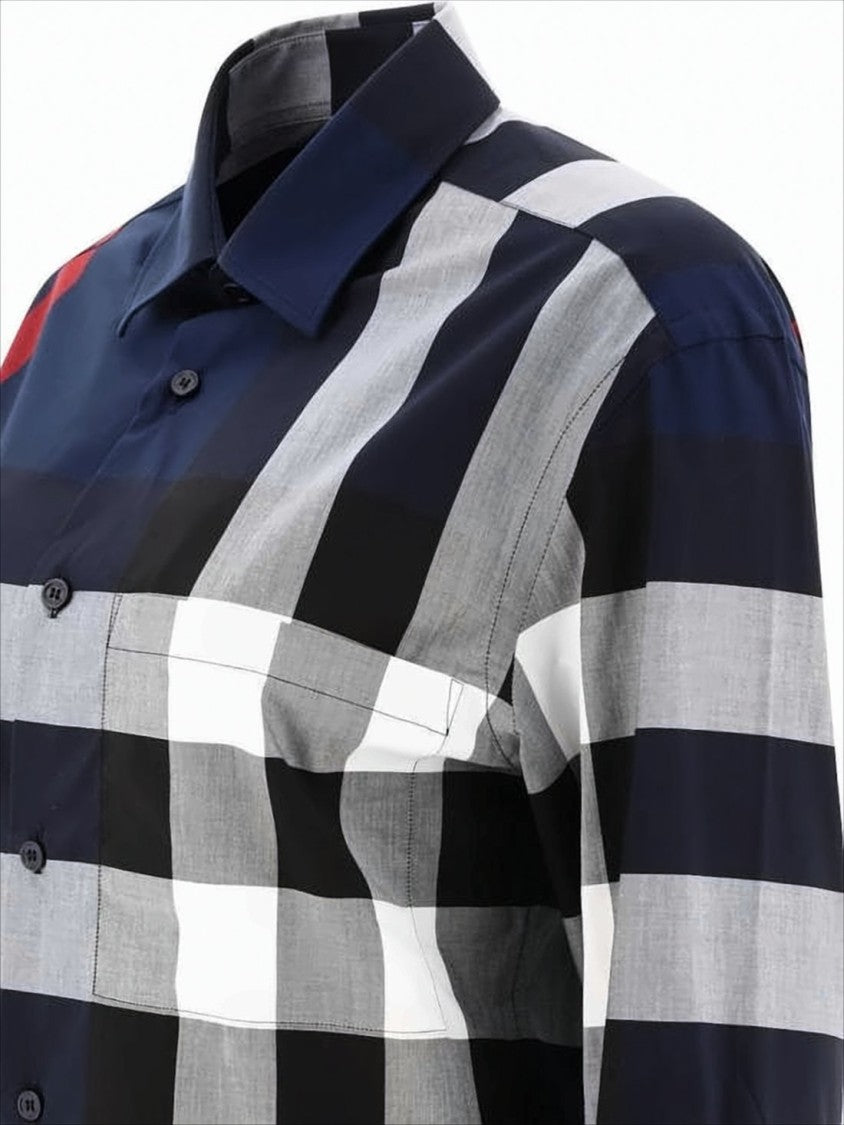 Burberry Navy Check Pattern Long-Sleeve Cotton Shirt