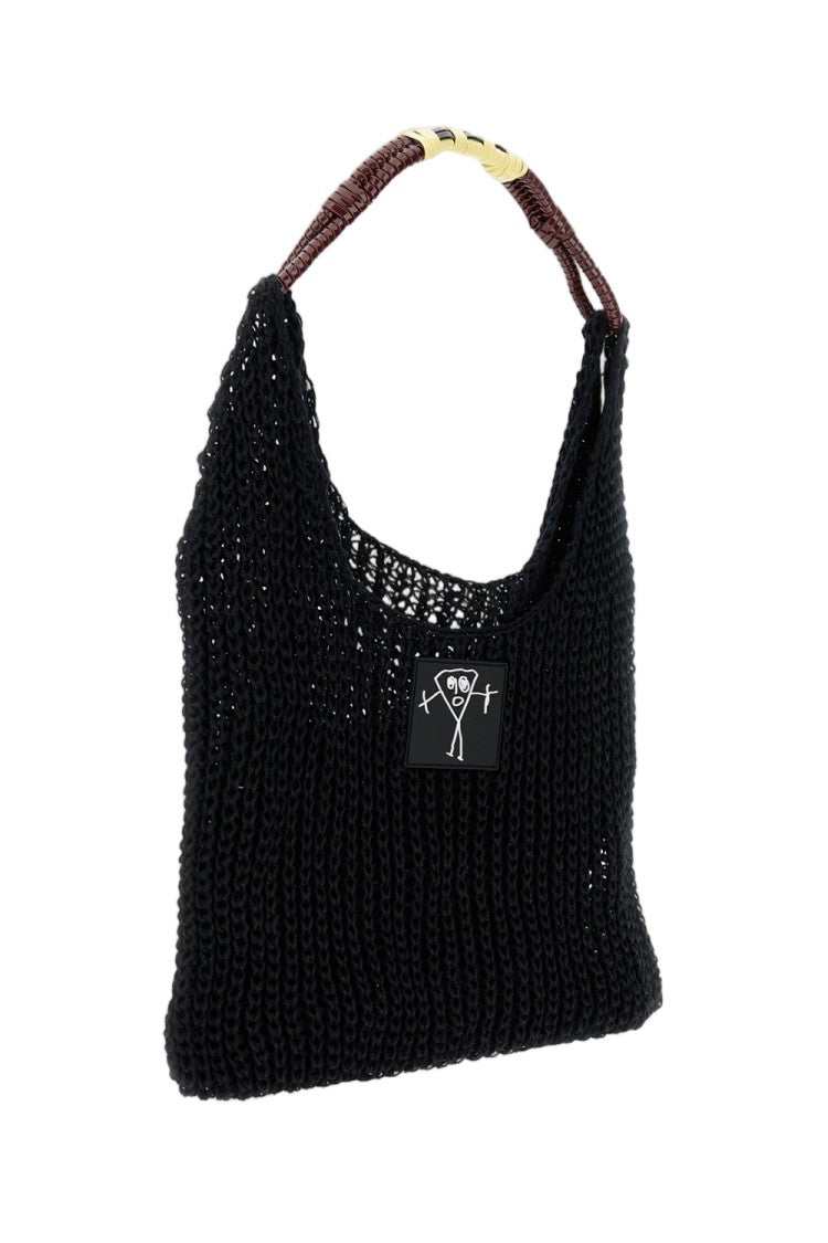 Plan C Textured Black Mesh Shopper Bag With Braided Handle