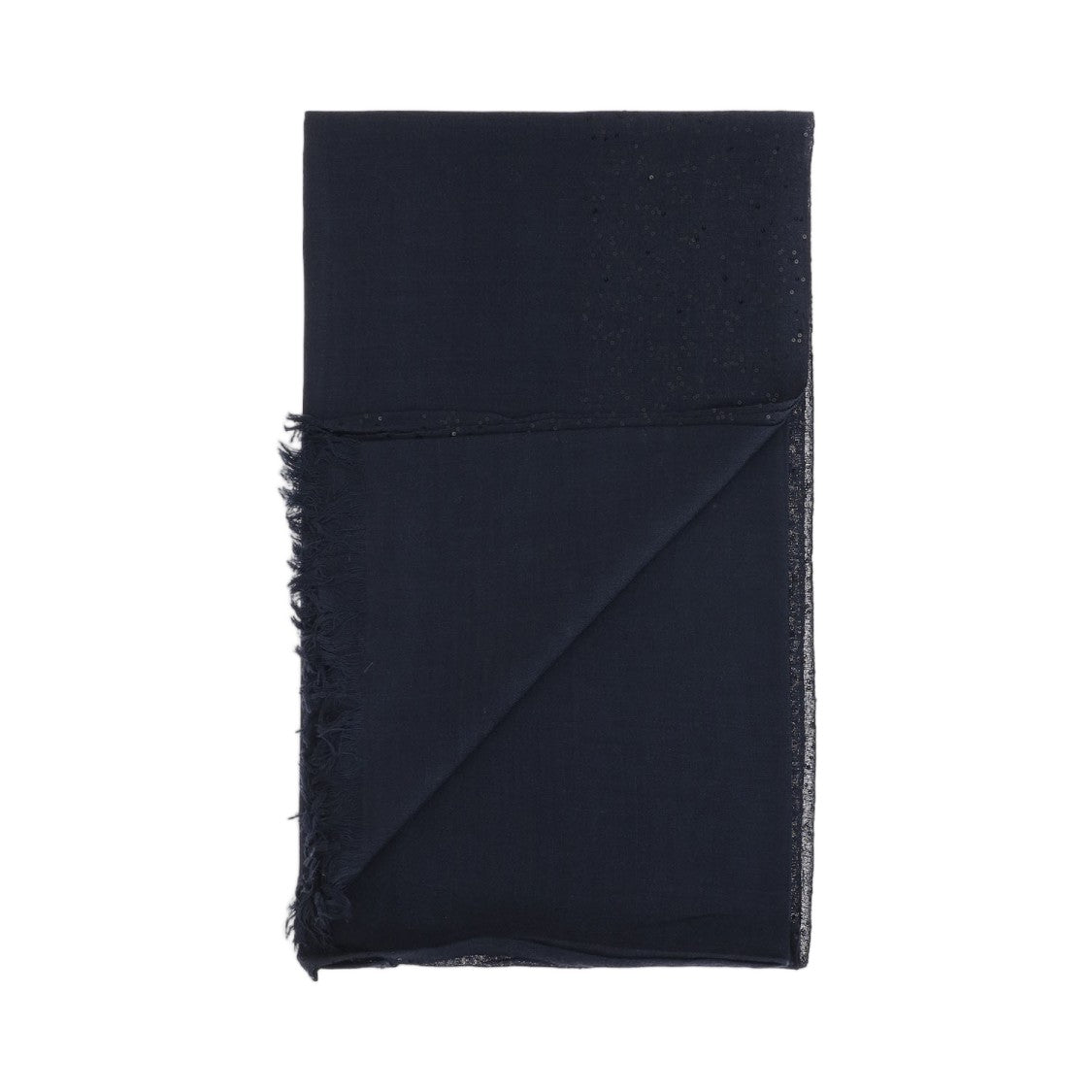 Faliero Sarti Rectangular Navy Scarf With Sequin Detailing And Fringed Edges