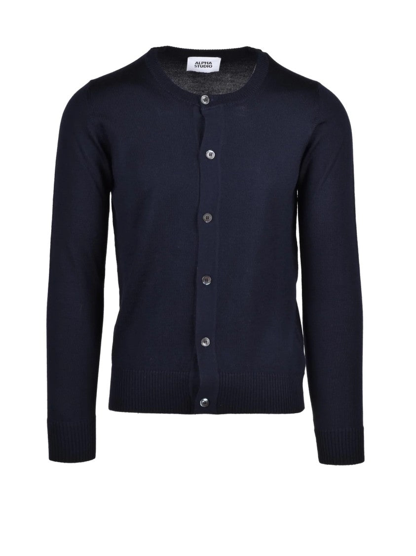 Alpha Studio Navy Blue Button-Down Extrafine Merino Wool Cardigan