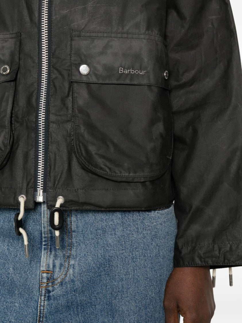 Barbour Short Grey Coat With Corduroy Collar And Flap Pockets
