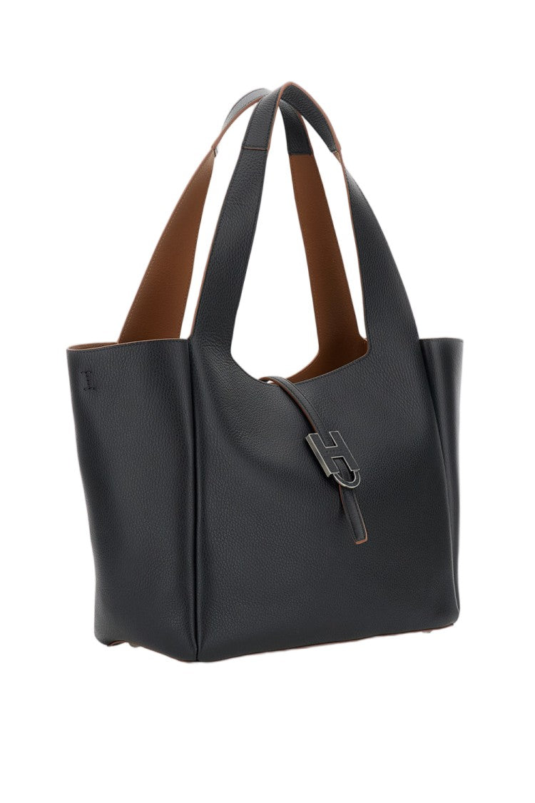 Hogan Textured Grained Leather Shopping Bag With Magnetic H Pendant