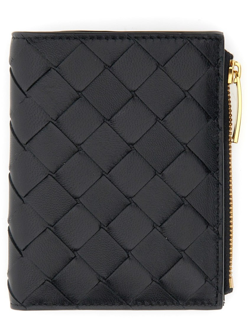 Bottega Veneta Bi-Fold Wallet With Woven Pattern And Gold-Zippered Section
