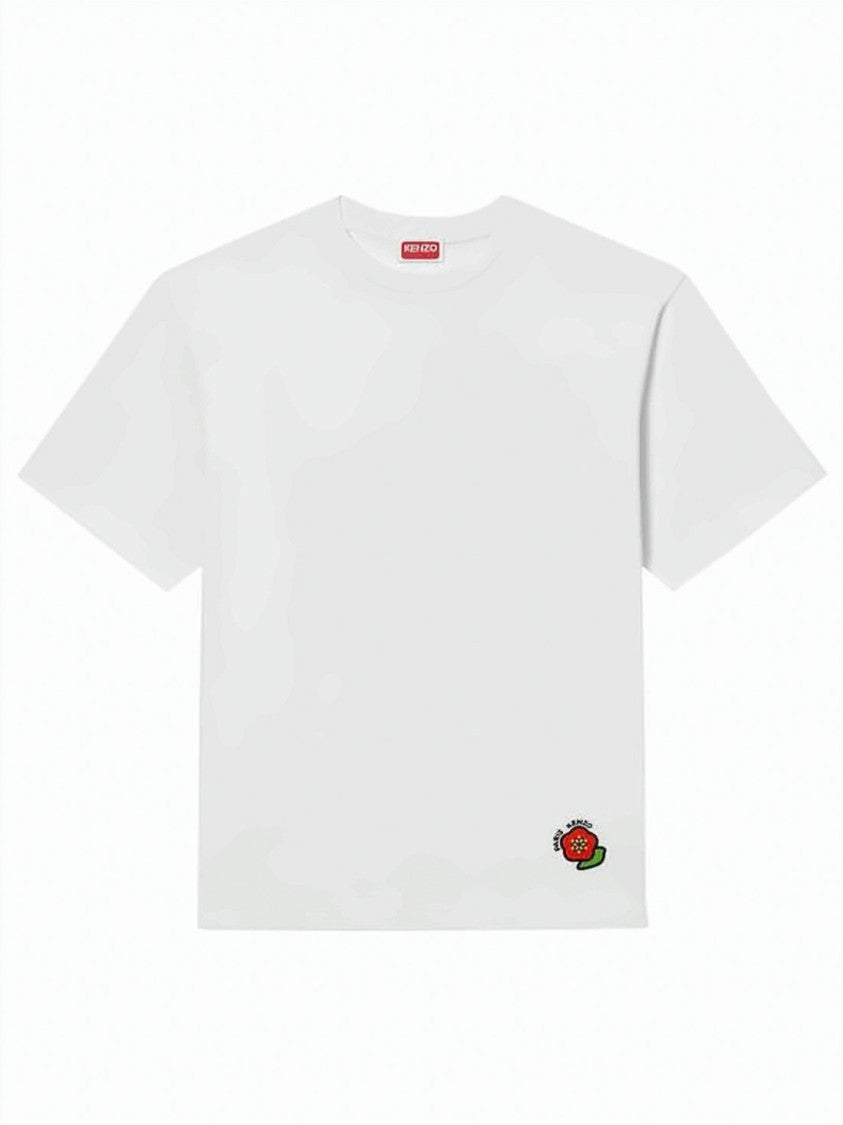 Kenzo Relaxed Fit White Cotton T-Shirt With Flower Embroidery