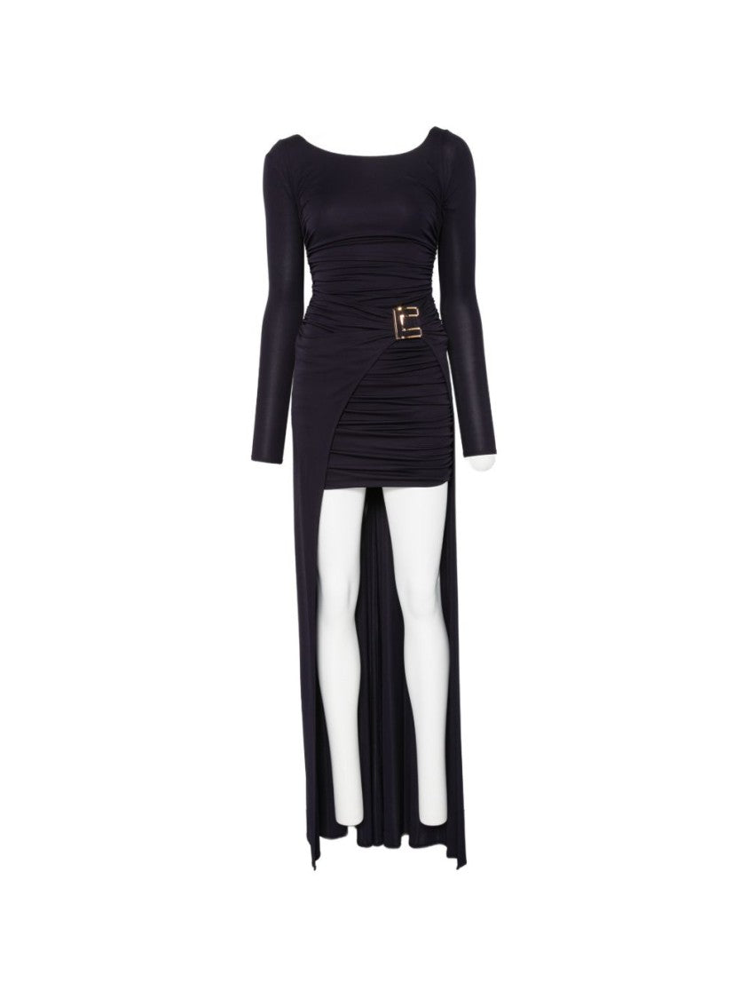 Elisabetta Franchi Fitted Mini Dress With Long Overlay Skirt And Gold Buckle