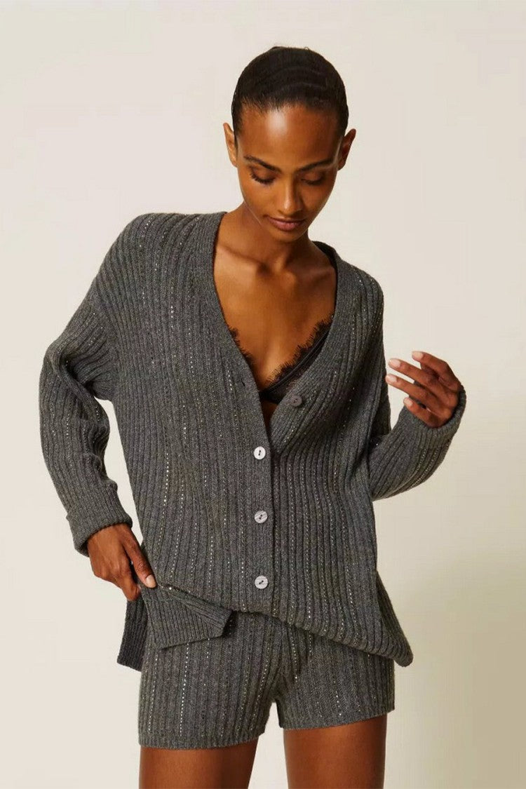 Twin-Set Grey Ribbed V-Neck Viscose-Blend Cardigan