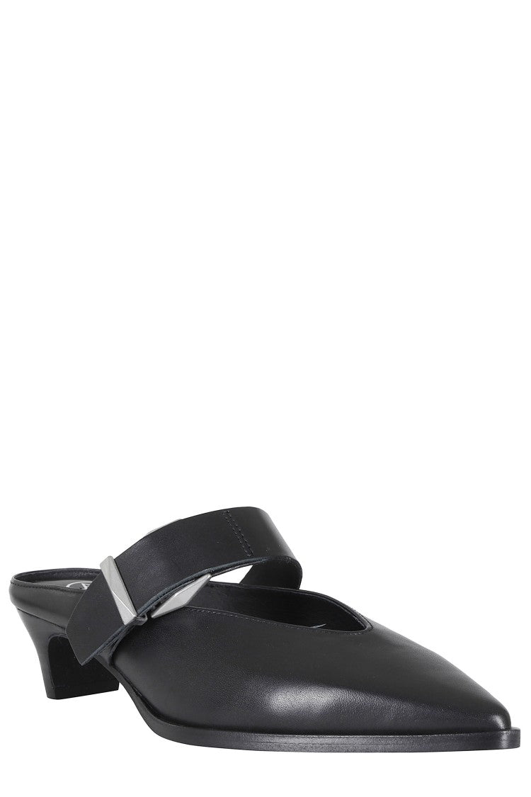 Ash Black Tessa Buckled Wooden-Heel Leather Mules