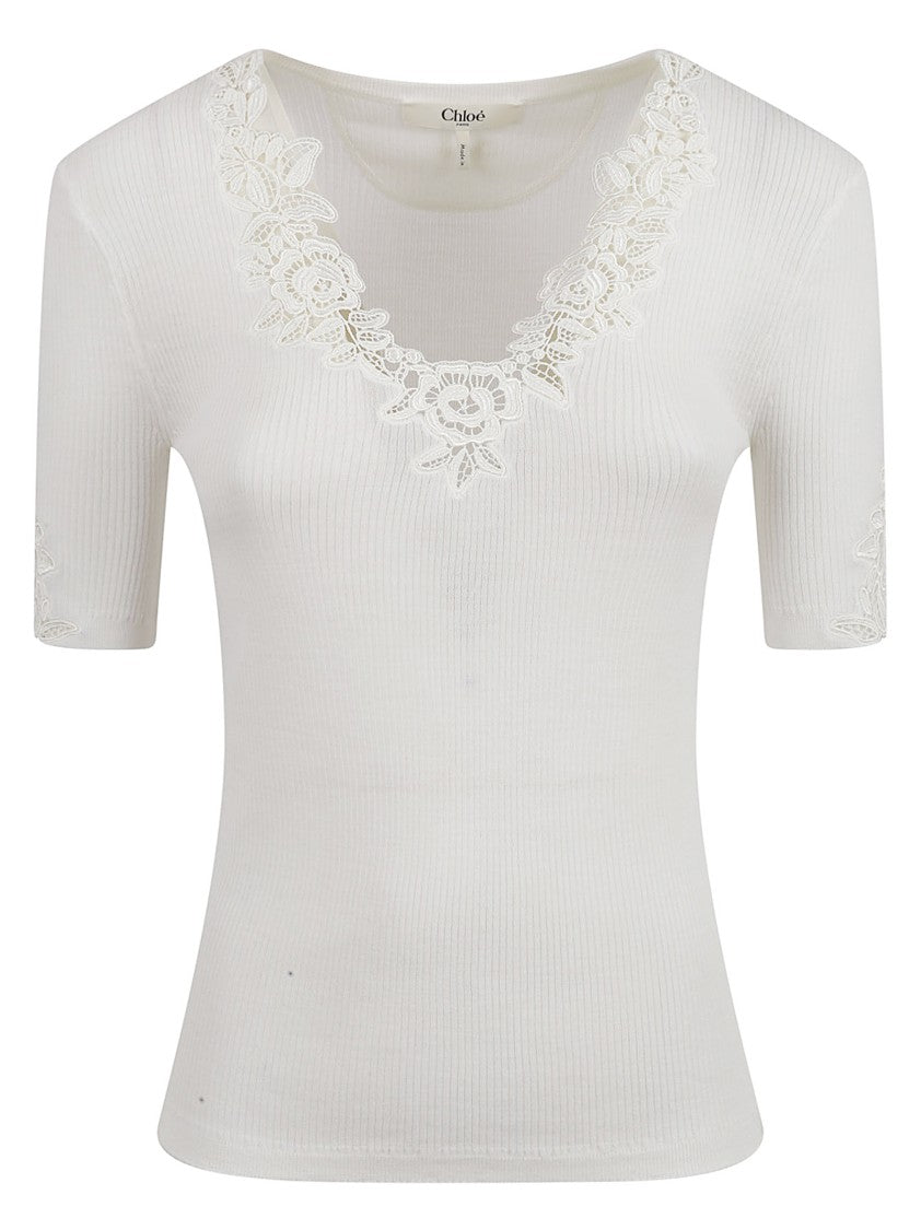 Chloé Ribbed Wool Top With Floral Lace Trim