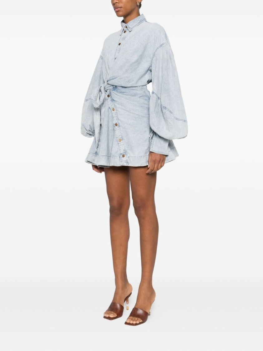 Zimmermann Clear Blue Mini Dress With Wrap-Around Design And Balloon Sleeves