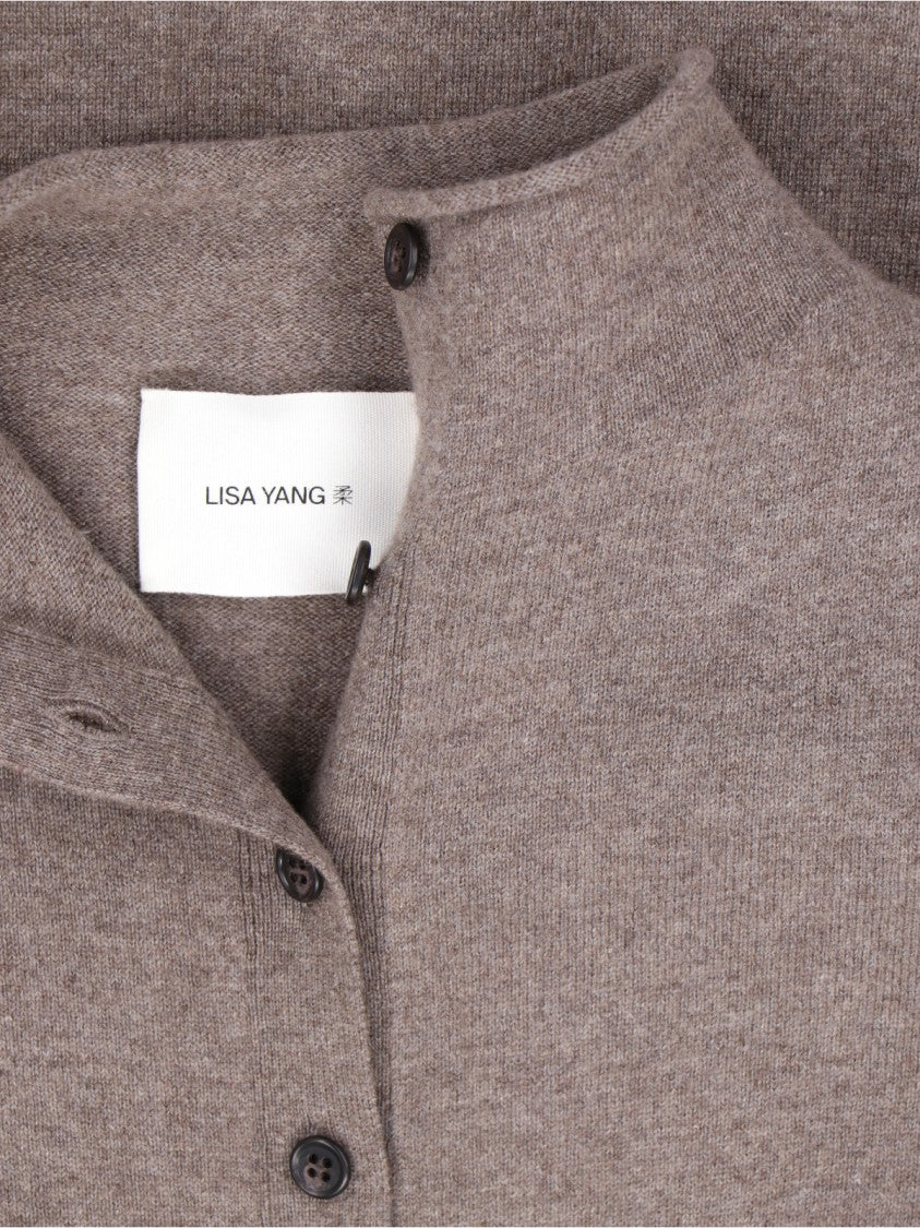 Lisa Yang Button-Up Brown Sweater With Fine Knit Texture