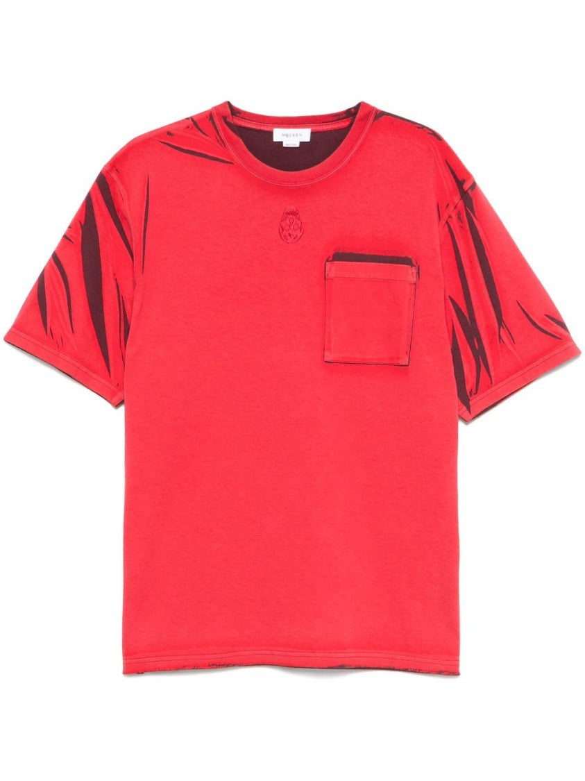 Alexander Mcqueen Bordeaux Red Crew Neck T-Shirt With Chest Pocket