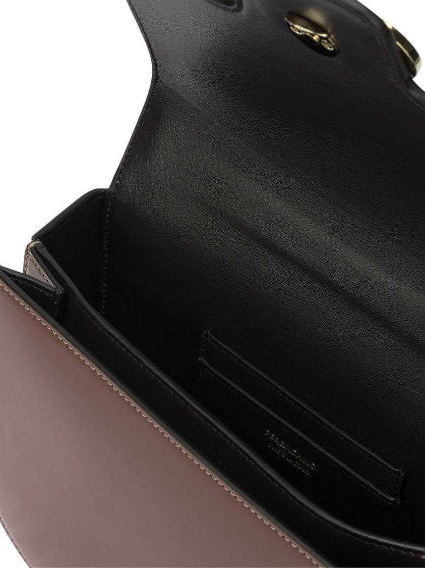 Ferragamo Curved Flap Brown Leather Crossbody Bag With Gold-Tone Gancini Clasp