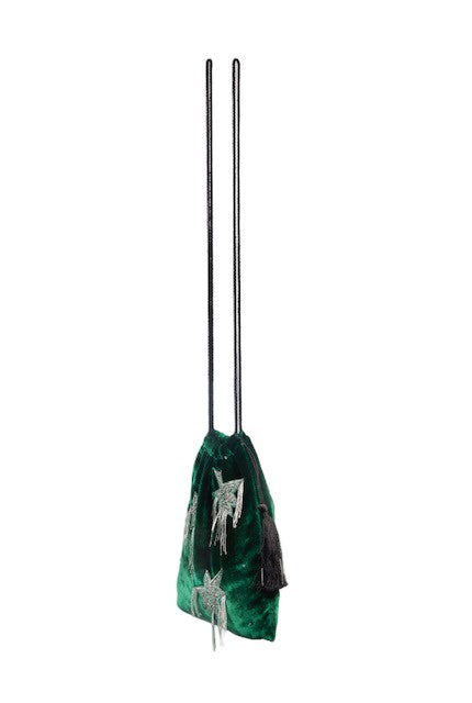 Hamoulet Small Green Velvet Drawstring Bag With Silver Embroidery