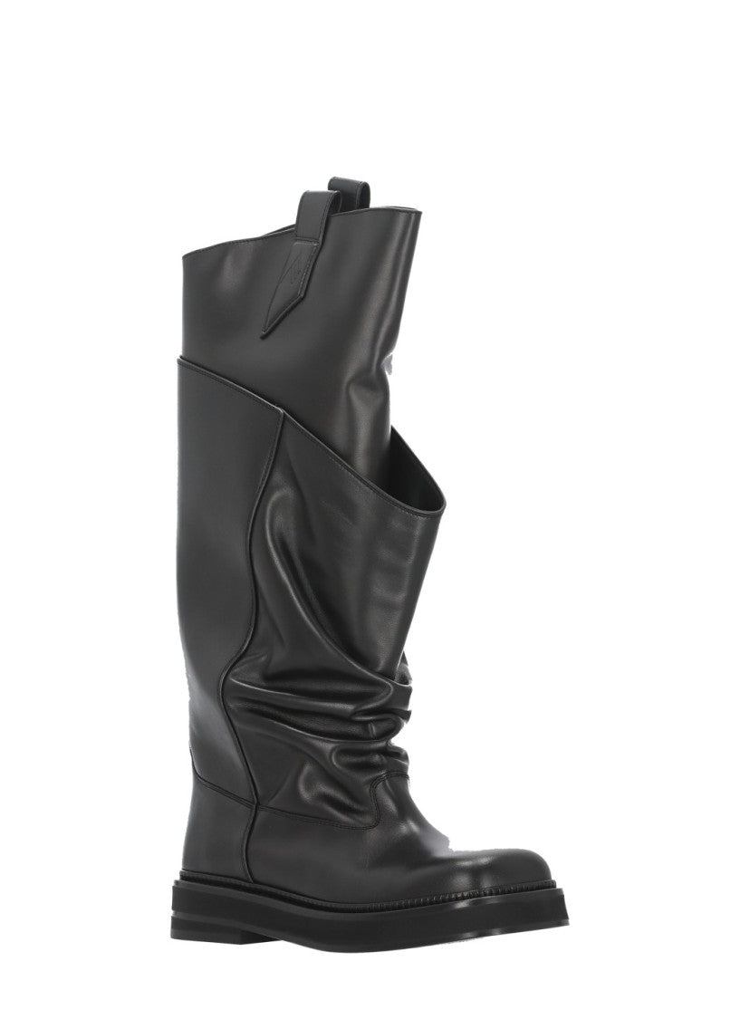 The Attico Black Square Toe Draped Leather Boots