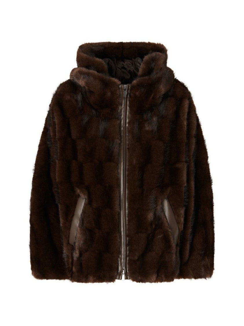 Pinko Checkered Faux Fur Hooded Jacket