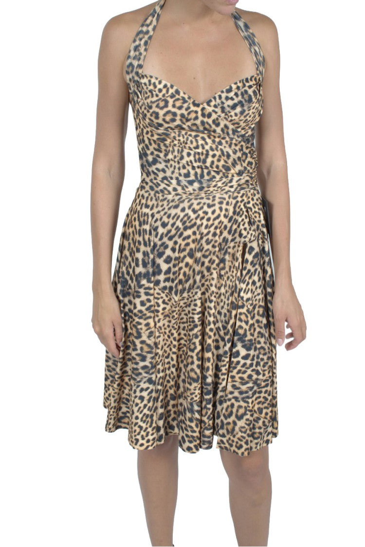 Norma Kamali Tan Leopard-Print Halter Wrap Polyester-Blend Day Dress