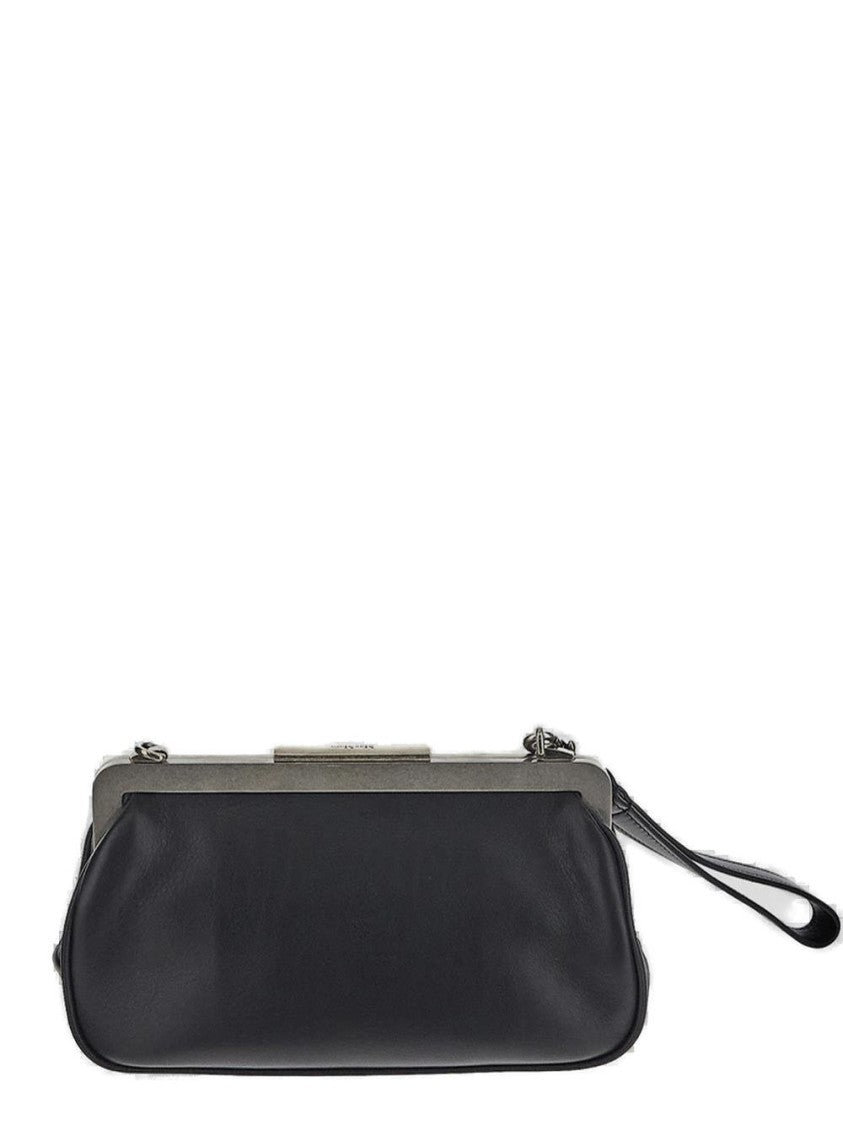 Max Mara Rounded Black Leather Clutch With Metallic Clasp