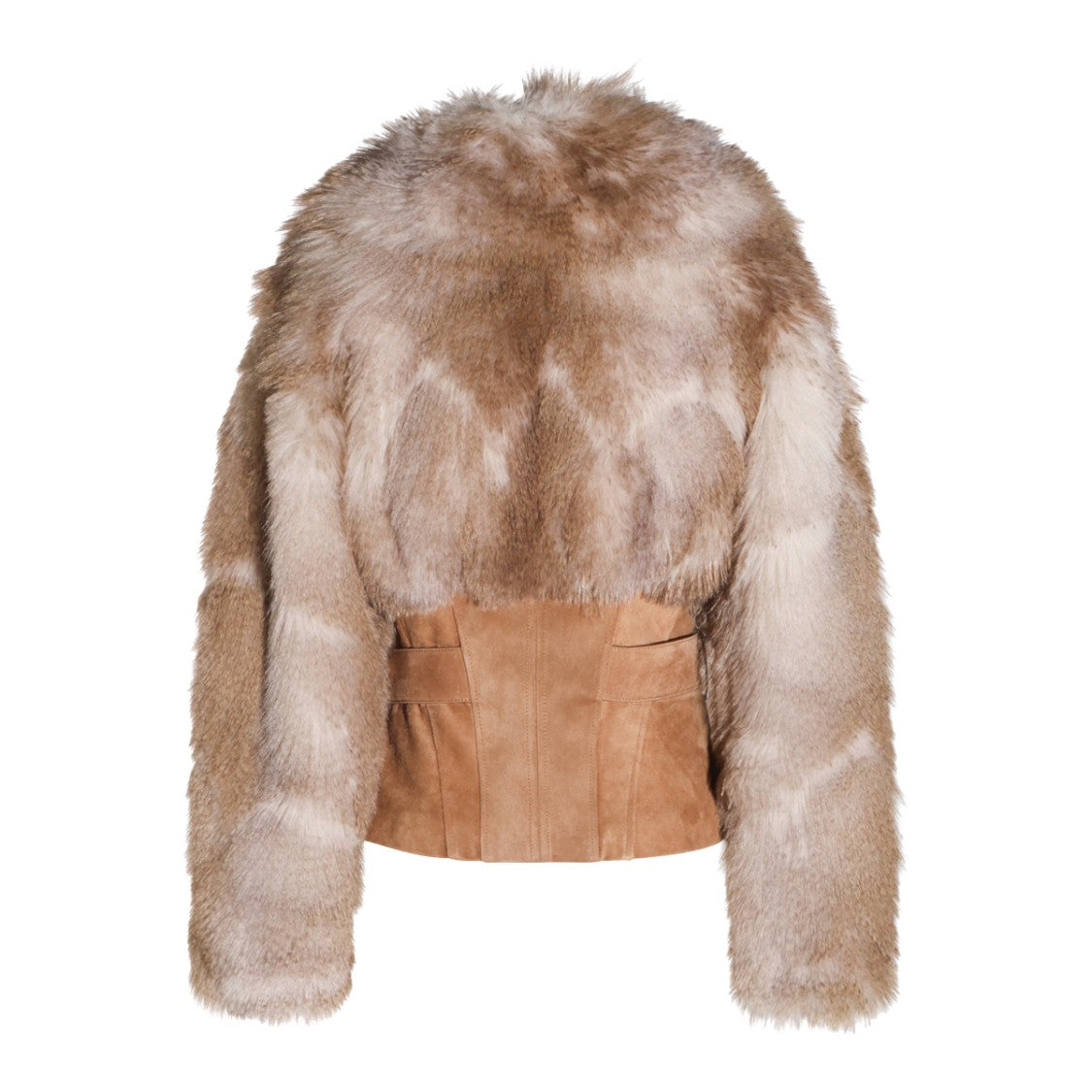 Elisabetta Franchi Beige Corset-Inspired Fur Jacket With Belted Waist