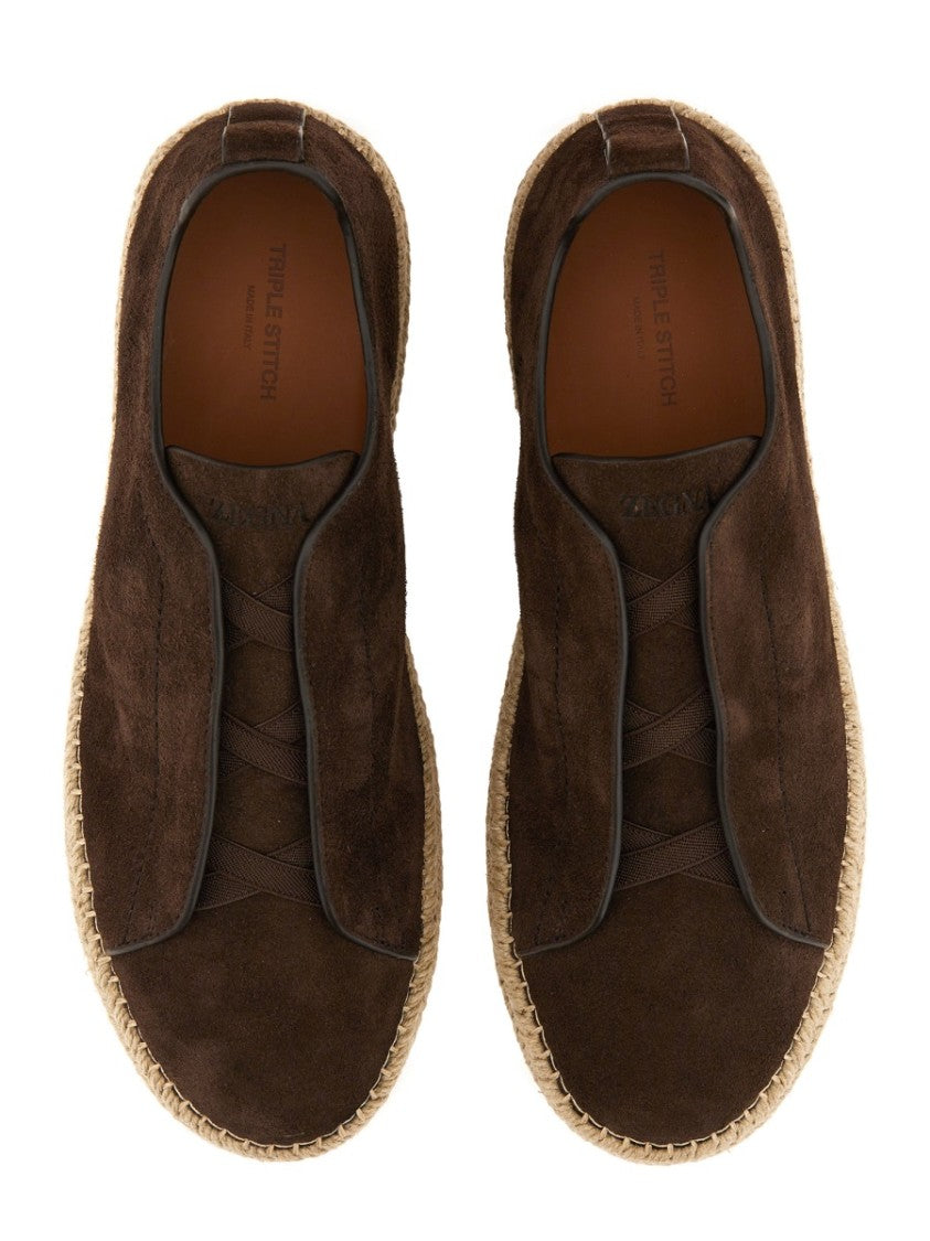 Zegna Brown Leather Espadrilles With Woven Jute Sole