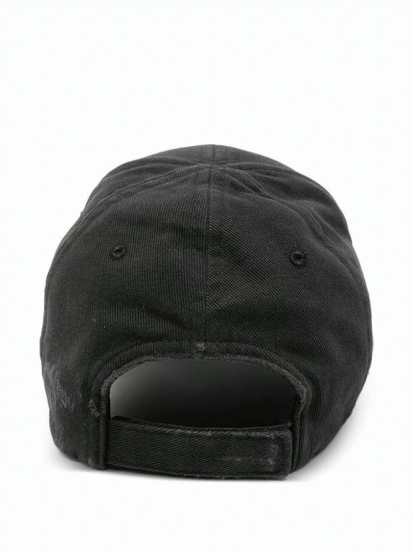 Balenciaga Distressed Black Cotton Baseball Cap With Painted Logo