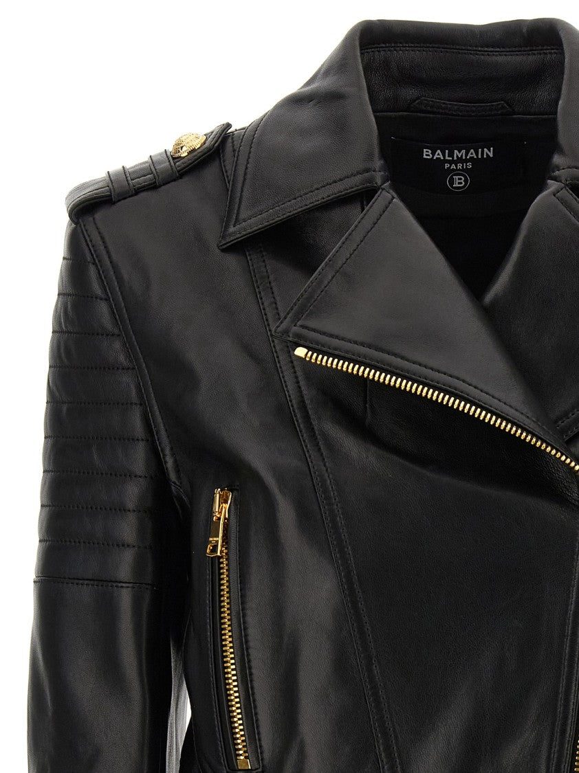 Balmain Biker Crop Leather Jacket With Zip Detail