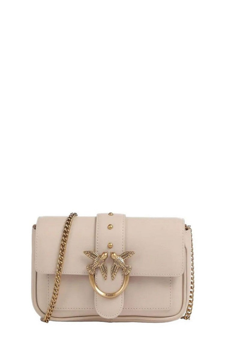 Pinko Structured Beige Leather Shoulder Bag With Decorative Ring