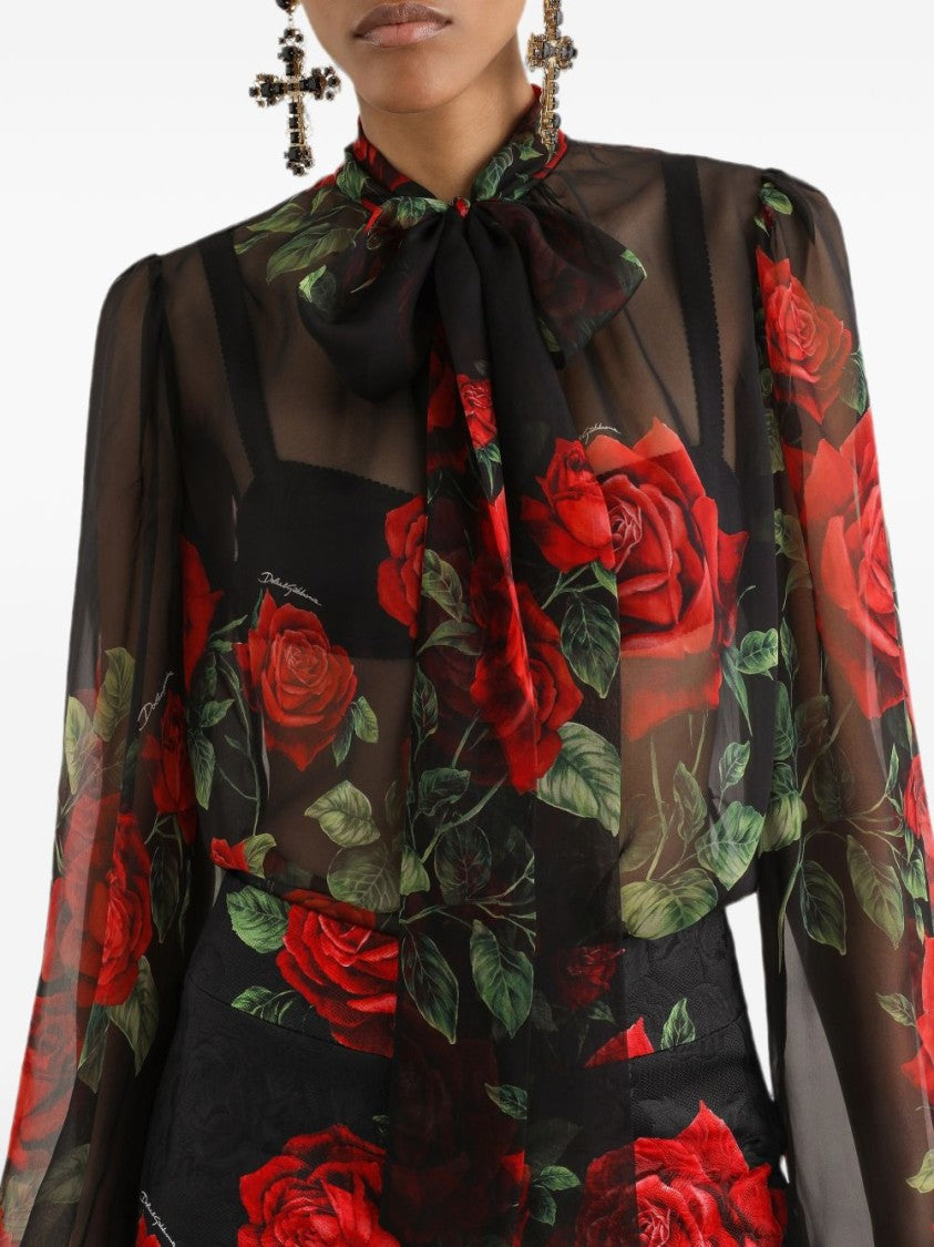 Dolce & Gabbana Puffed Sleeve Rose Print Bow Detail Sheer Blouse
