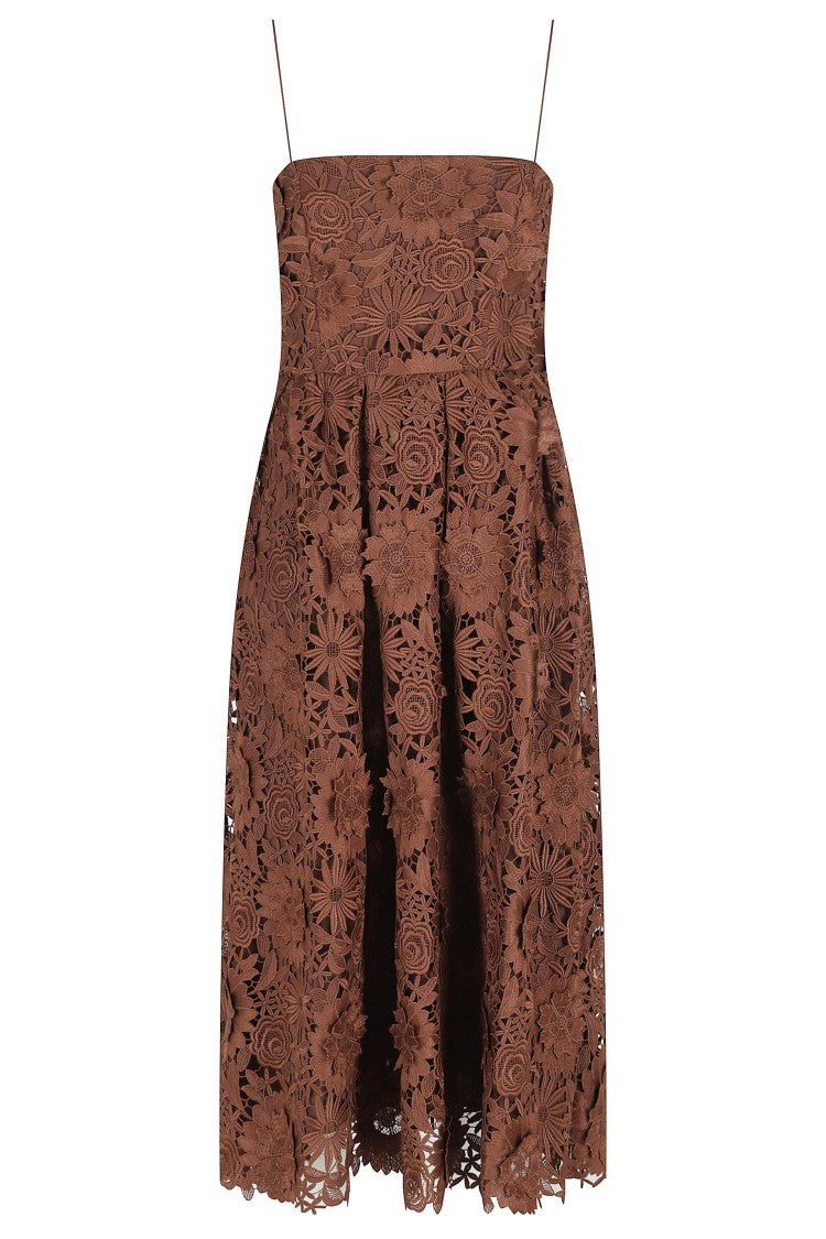 Rotate Brown Sangallo Lace Floral Embellished Polyester Midi Dress