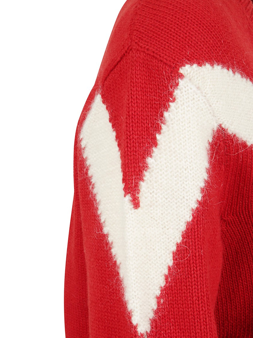 Valentino Garavani V-Neck Red Wool Sweater With Contrasting Inlay