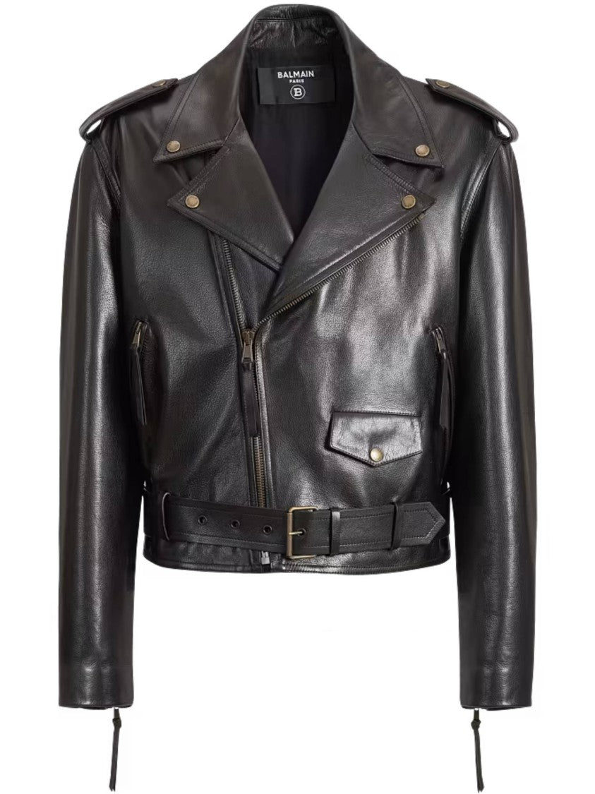 Balmain Black Biker Cropped Leather Jacket
