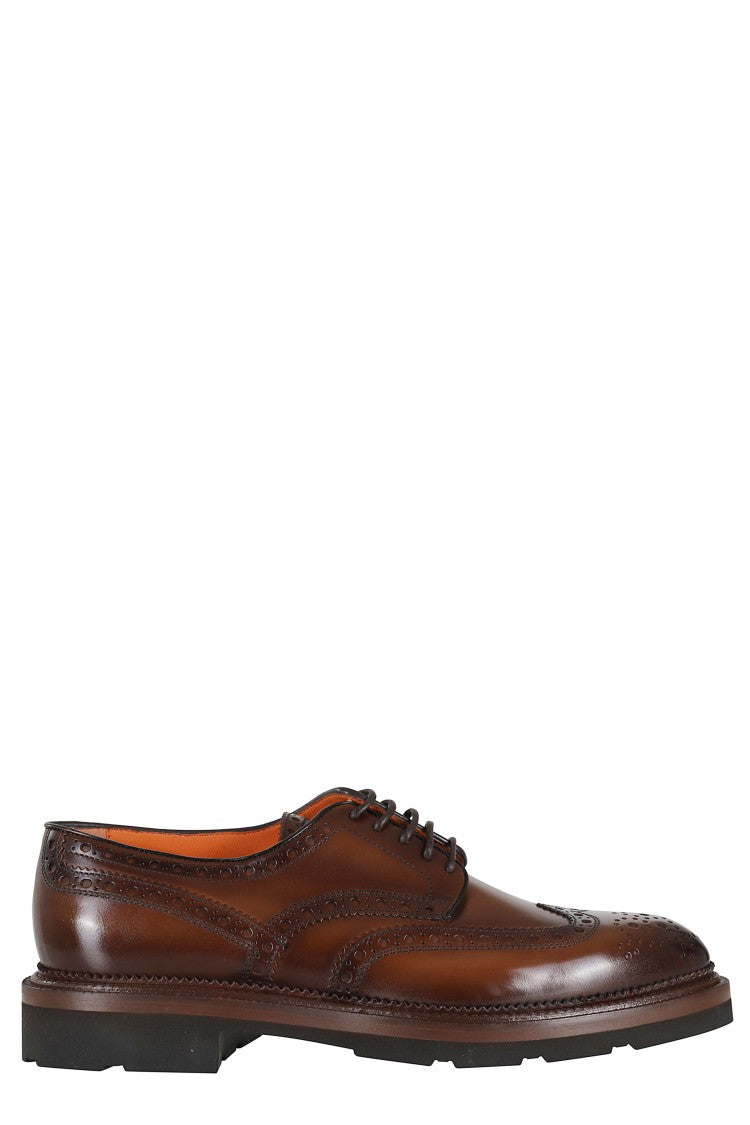 Santoni Brown Leather Lace-Up Shoes With Brogue Detailing