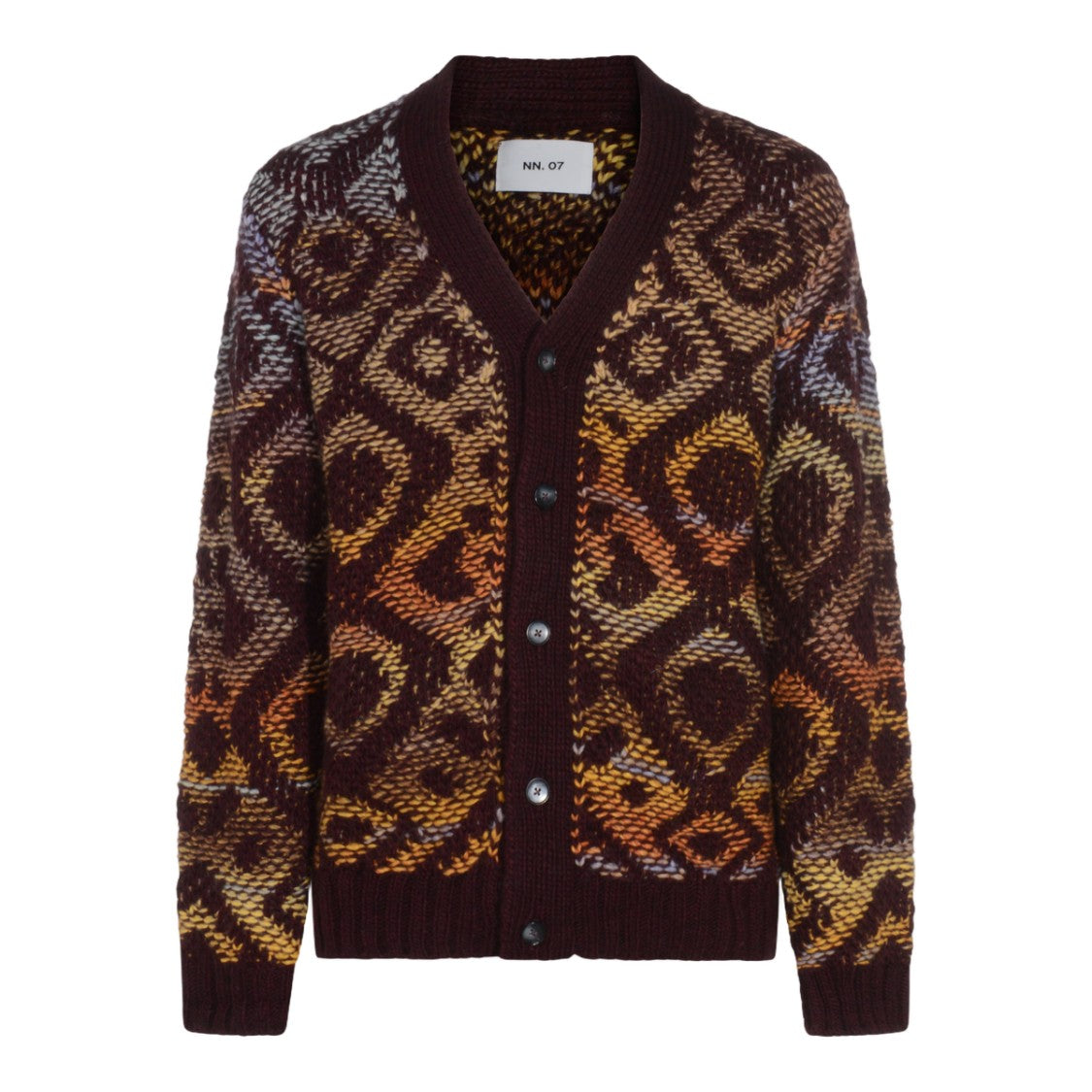 Nn.07 Geometric Patterned Burgundy Cardigan With Button-Up Front