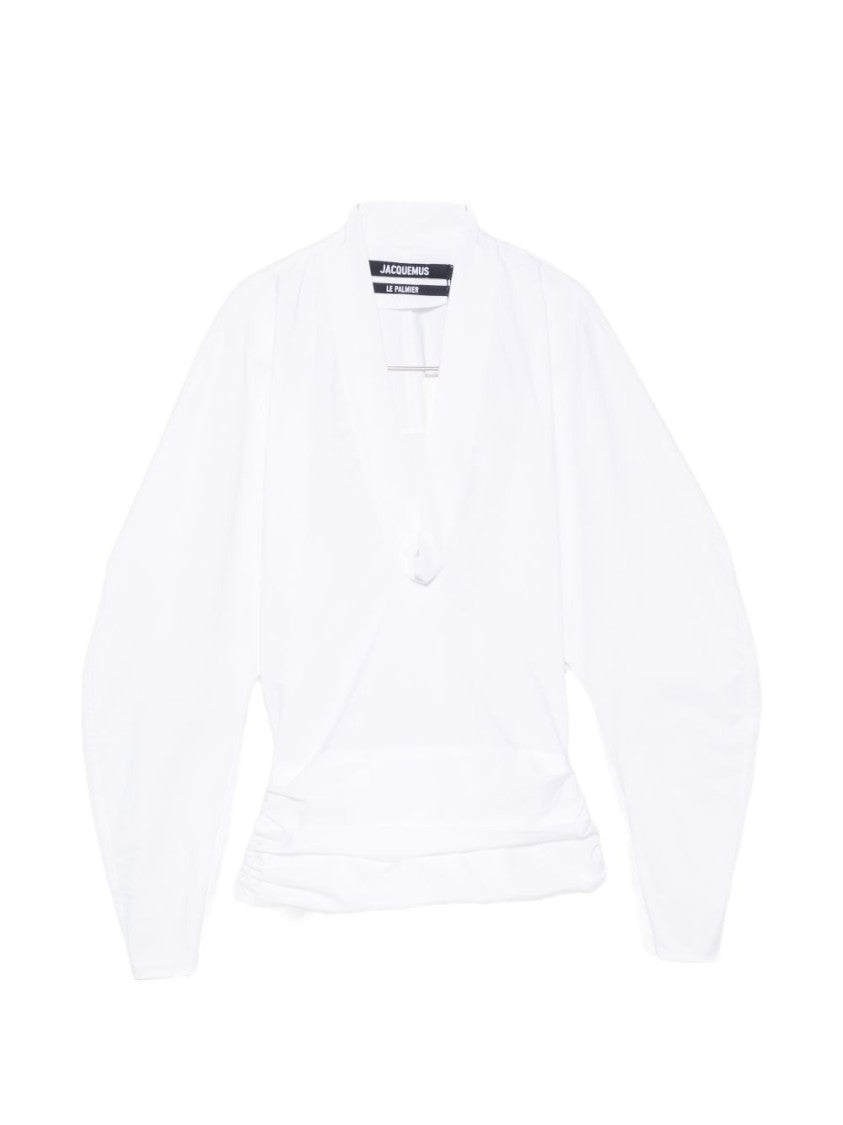 Jacquemus Deep V-Neck Gathered Voluminous Sleeve Top