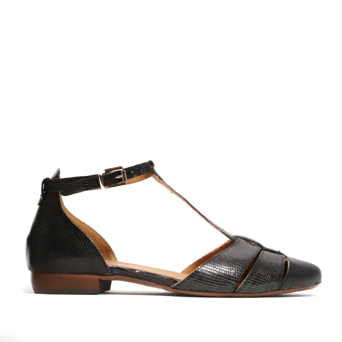 Duccio Del Duca Open Shoe In Black Lizard Print Leather