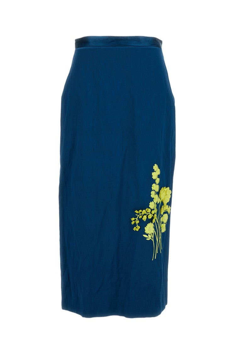 Erdem Blue Embroidered High-Waisted Satin Midi Pencil Skirt