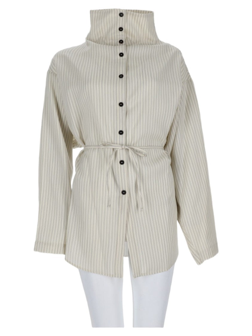 Alysi White High Collar Striped Virgin Wool-Silk Shirt