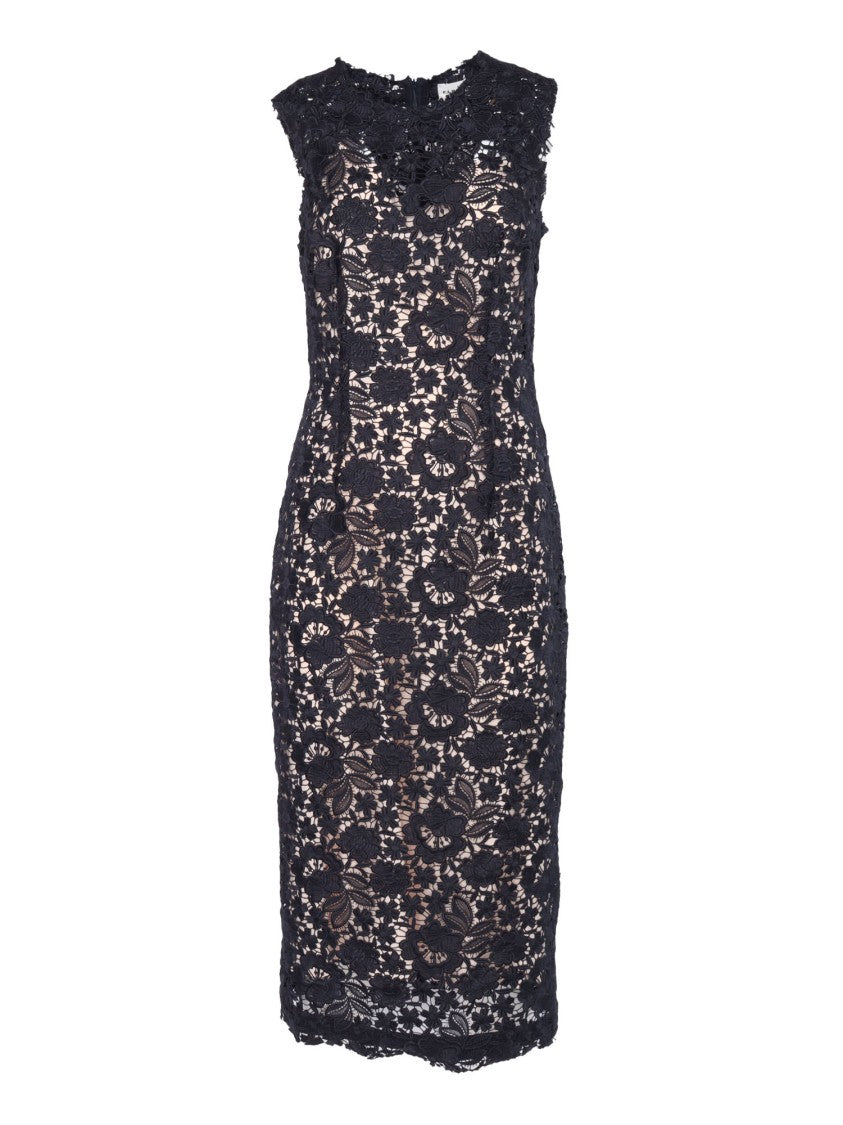 P.A.R.O.S.H. Fitted Midi Dress With Intricate Floral Lace Detailing