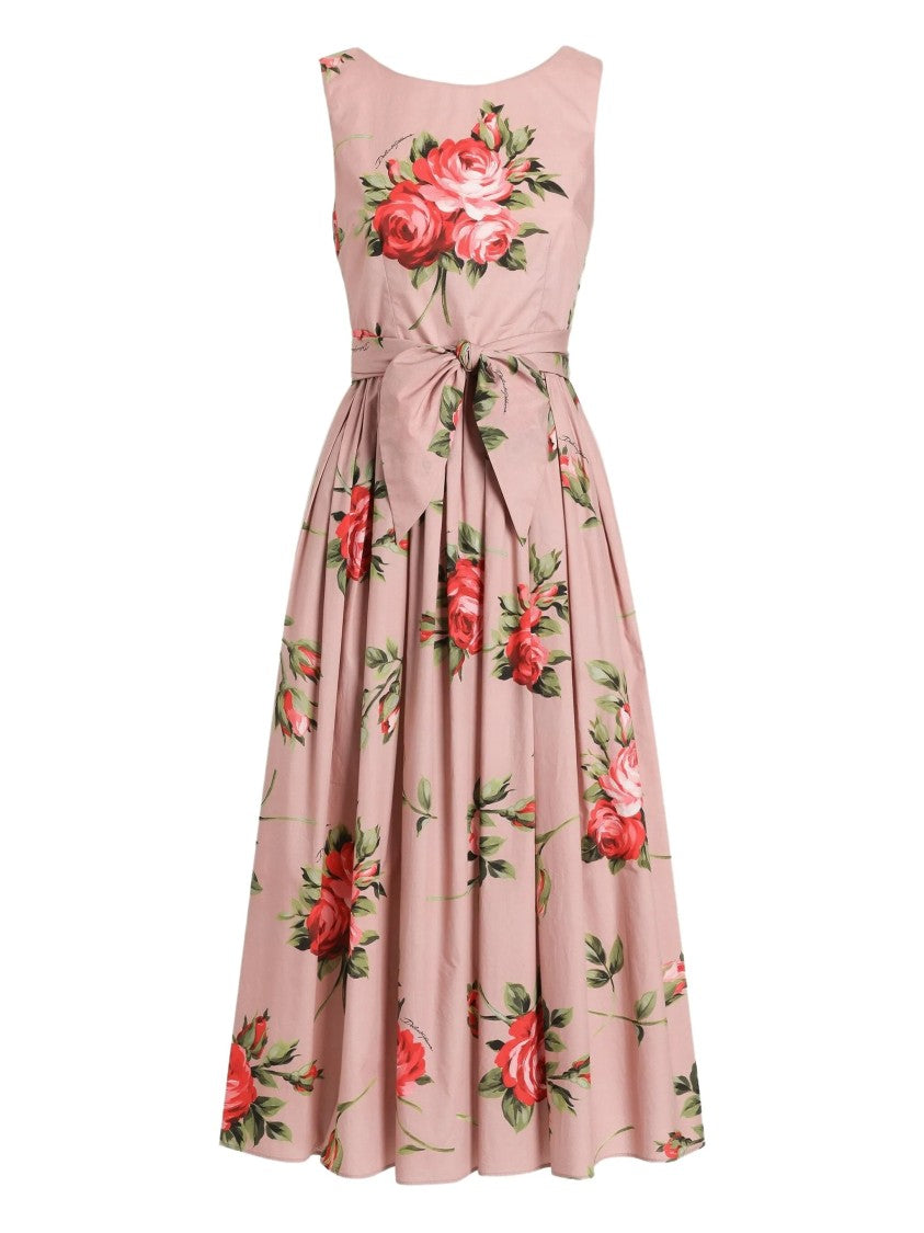 Dolce & Gabbana Sleeveless Midi Floral Pleated Cotton Dress