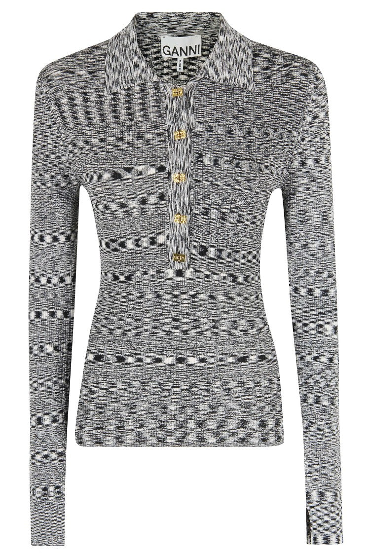 Ganni Textured Knit Long-Sleeve Polo With Gold-Tone Closure