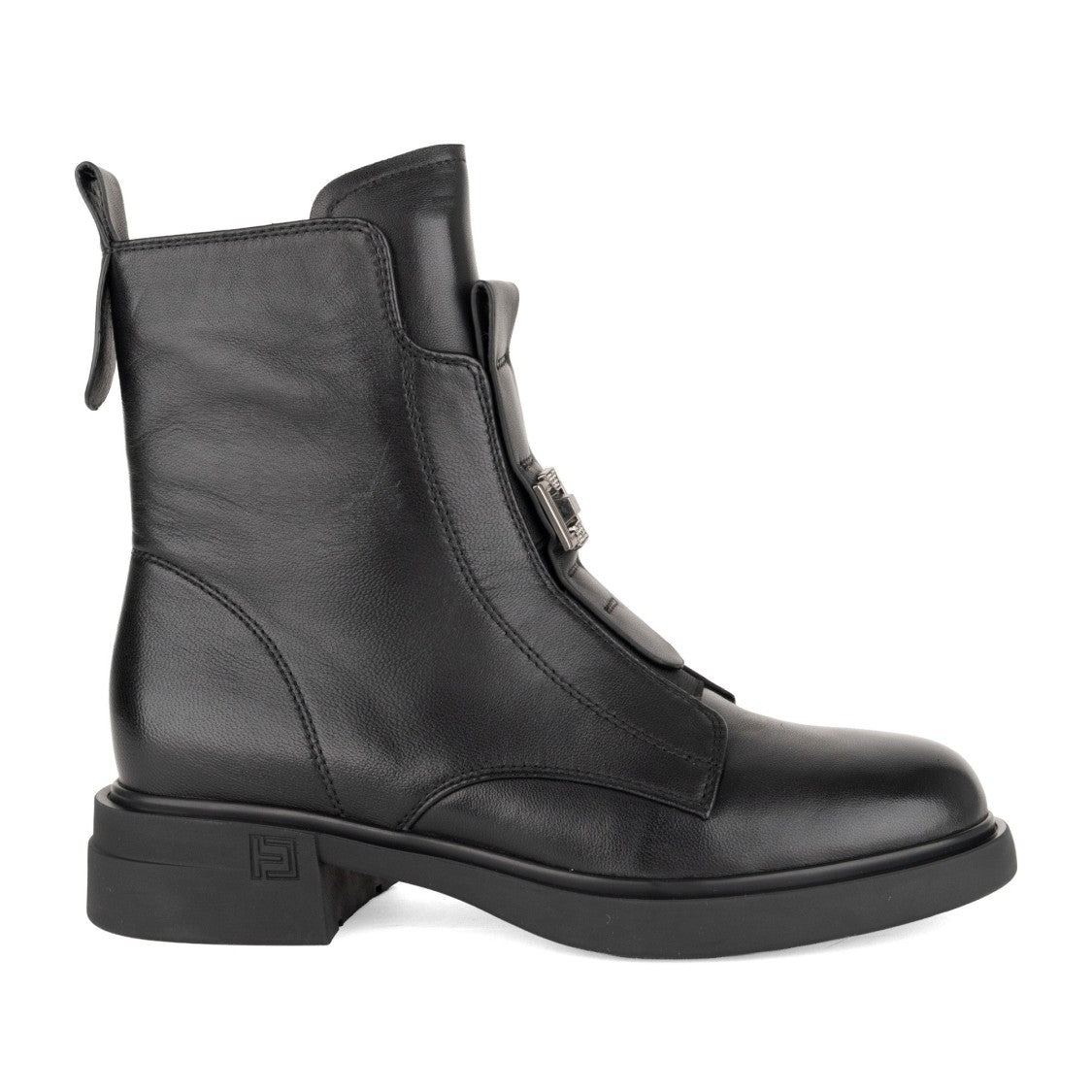 Linda Baumann Black Metallic Buckle Detail Flat Leather Boots