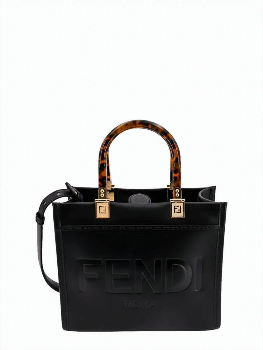 Fendi Structured Smooth Calf Leather Tote Bag With Tortoiseshell Handles