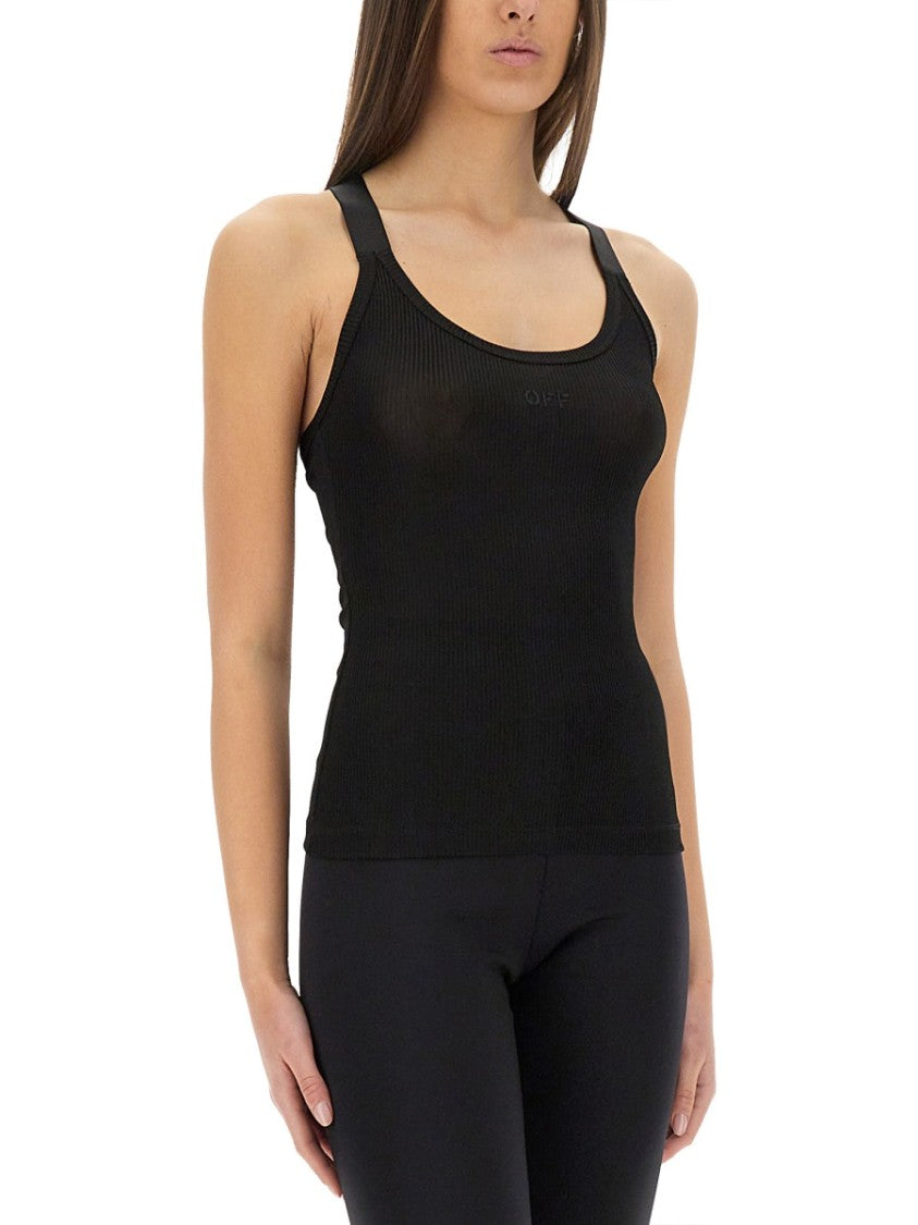 Off-White Slim Fit Ribbed Top With Cross-Strap Design