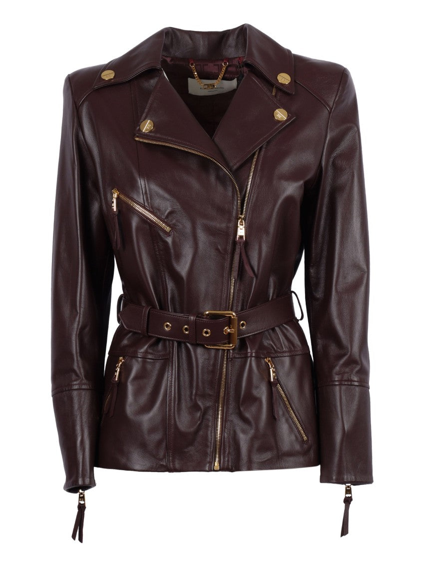 Elisabetta Franchi Fitted Leather Jacket With Belted Waist And Gold Hardware