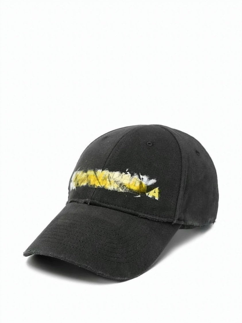 Balenciaga Distressed Black Cotton Baseball Cap With Painted Logo