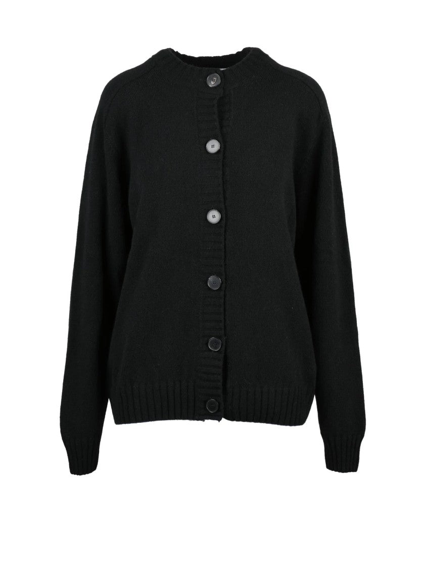 Amaranto Black Crew Neck Button-Down Wool-Cashmere Cardigan